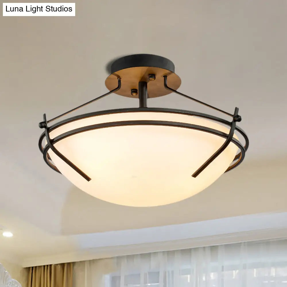 Traditional Black Glass Ceiling Light Fixture With 3 Opaque Heads For Bedroom Bowl Semi - Flush