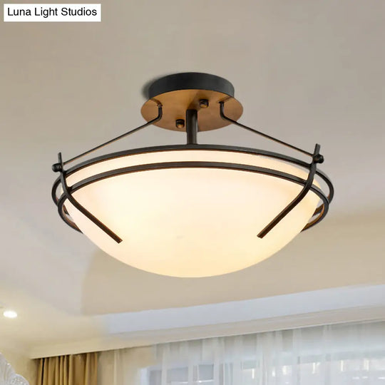Traditional Black Glass Ceiling Light Fixture With 3 Opaque Heads For Bedroom Bowl Semi-Flush Mount