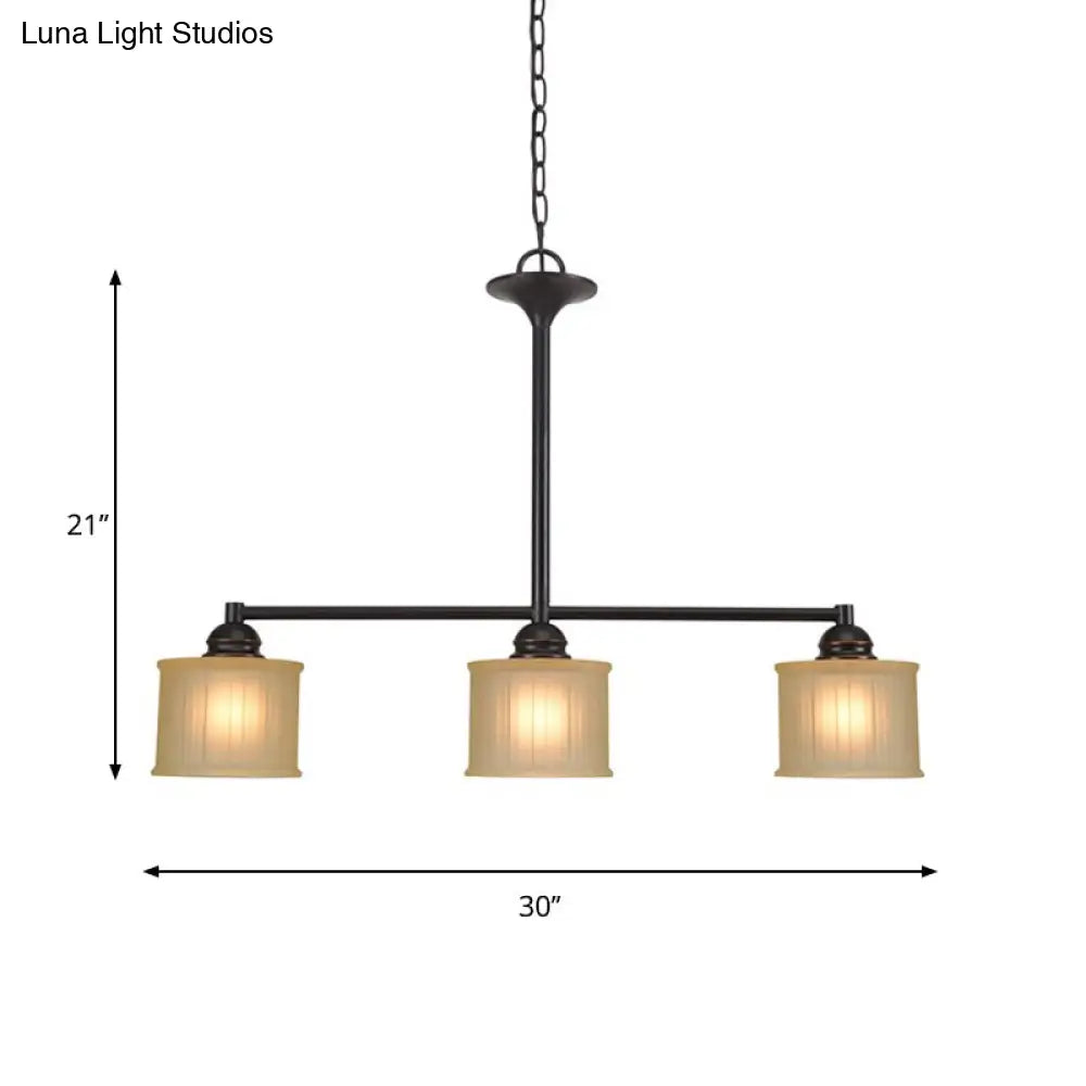 Traditional 3-Head Island Light In Tan Glass & Black Drum Design For Dining Room