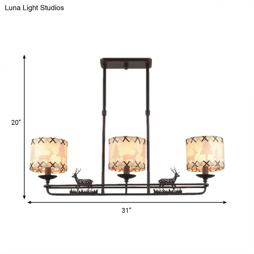 Traditional Black Island Hanging Lamp With 3 Barrel Fabric Shades For Dining Room Lighting