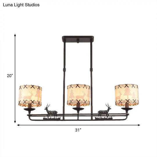 Traditional Black Island Hanging Lamp With 3 Barrel Fabric Shades For Dining Room Lighting