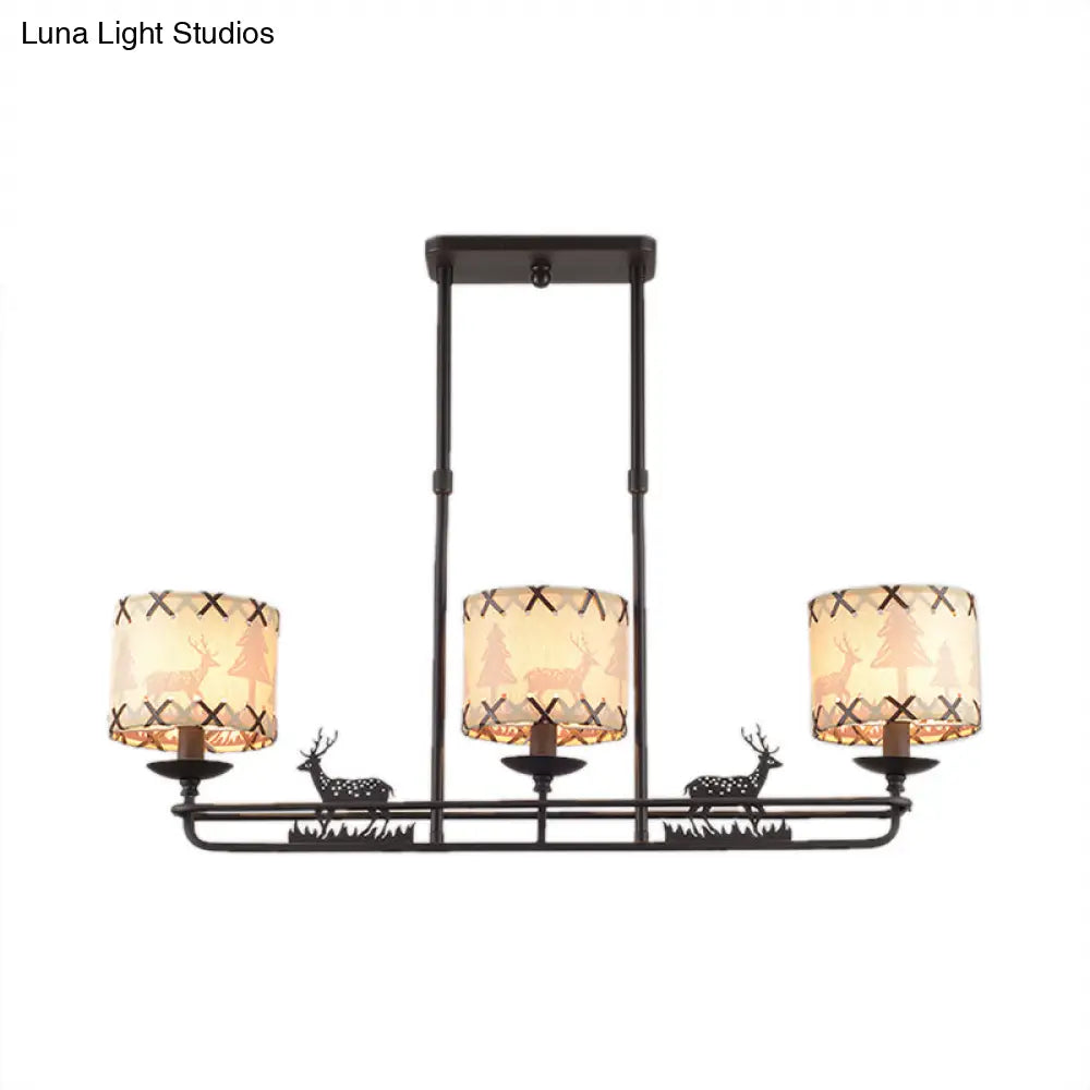 Traditional Black Island Hanging Lamp With 3 Barrel Fabric Shades For Dining Room Lighting