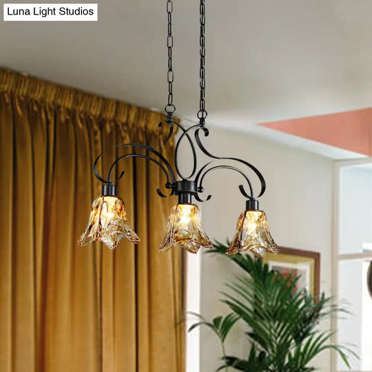 Traditional Black Island Lamp With Amber Glass Floral Design And 3 Down Lighting Pendants For Dining