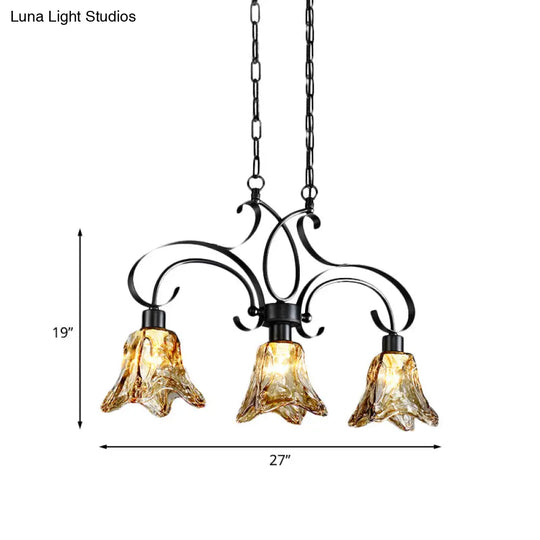 Traditional Black Island Lamp With Amber Glass Floral Design And 3 Down Lighting Pendants For Dining