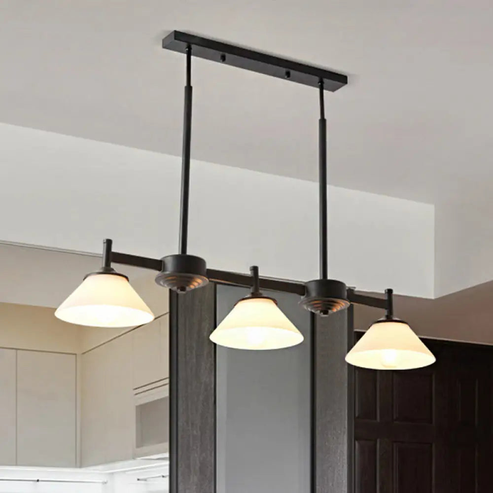 Traditional Black Island Light Fixture With 3 Frosted Glass Cone Pendants