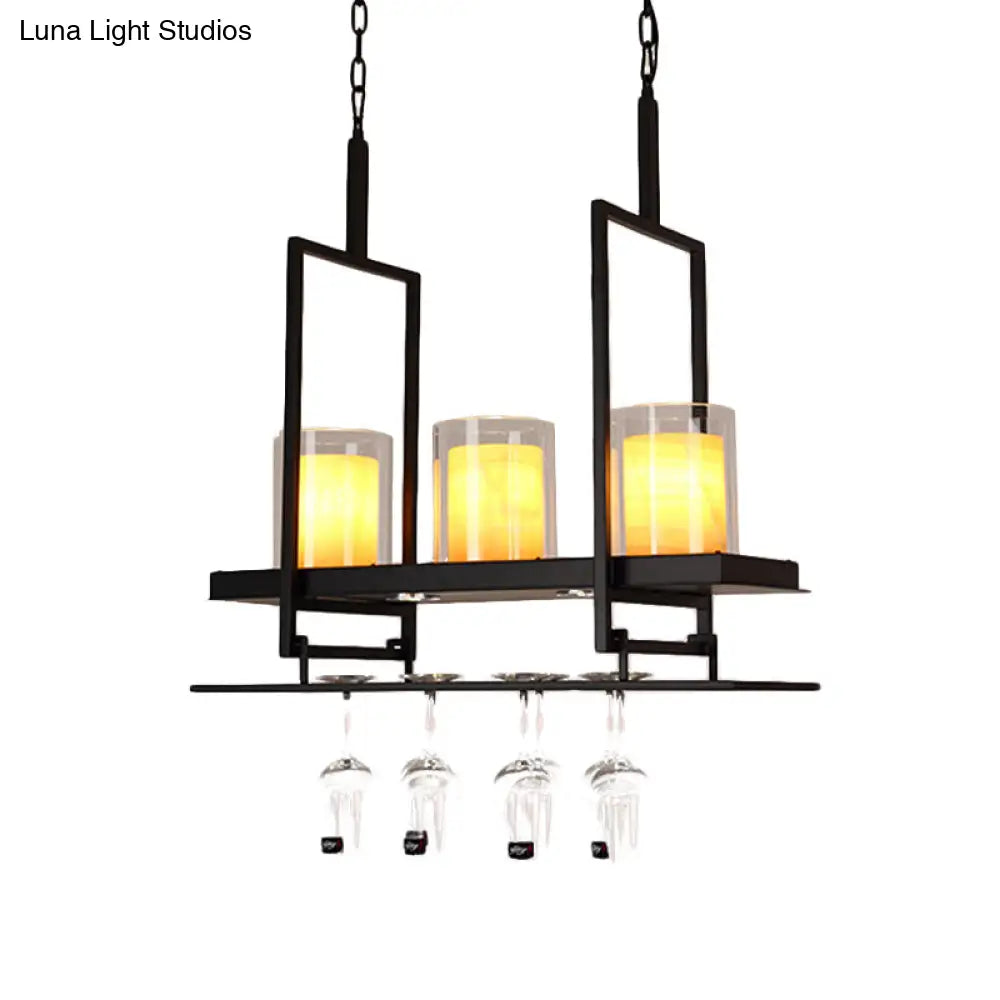 Traditional Black Marble Pendant Light With Metal Wine Glass Rack - 3/5 Heads Cylinder Island