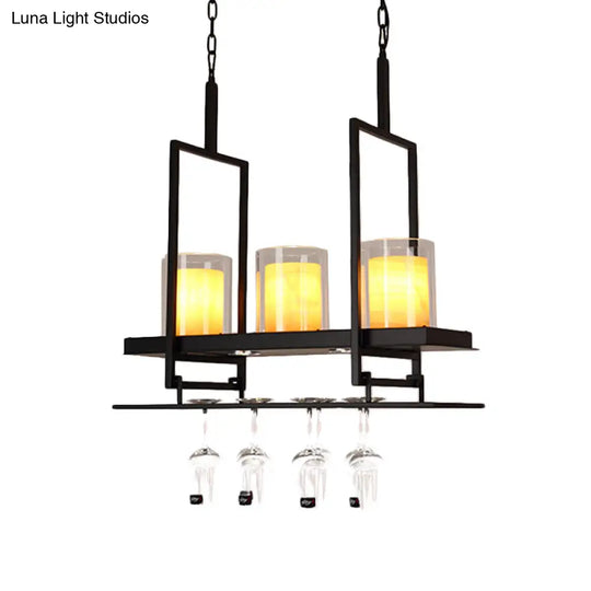 Traditional Black Marble Pendant Light With Metal Wine Glass Rack - 3/5 Heads Cylinder Island