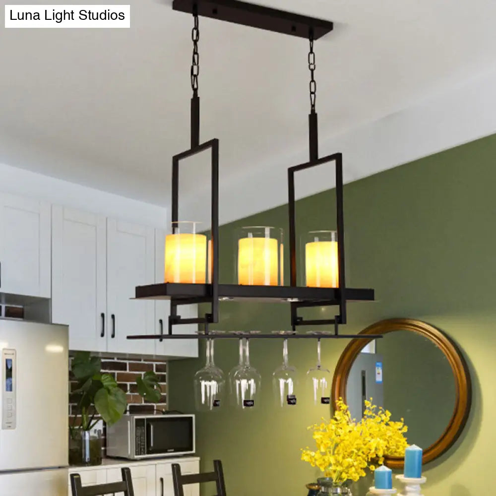 Traditional Black Marble Pendant Light With Metal Wine Glass Rack - 3/5 Heads Cylinder Island