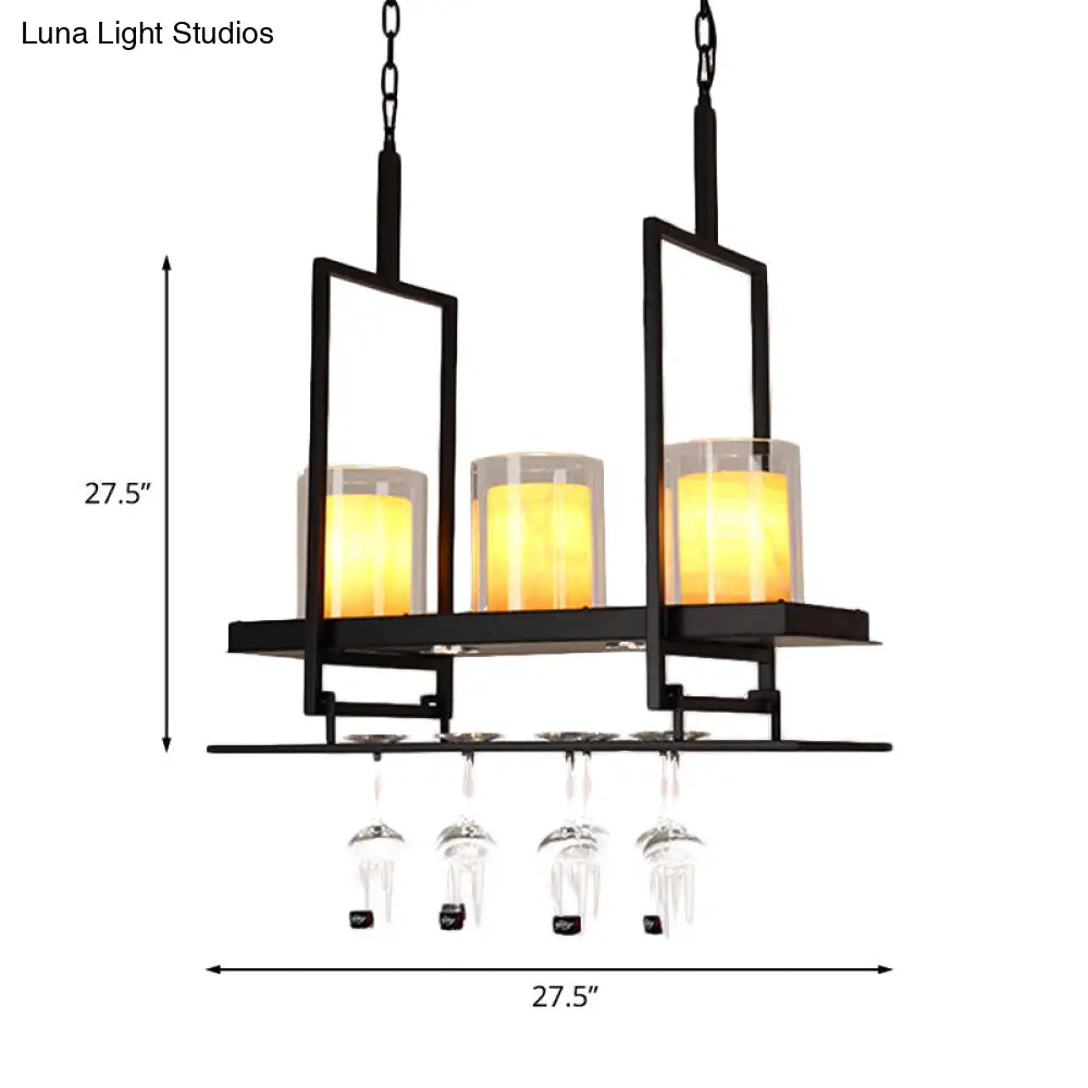 Traditional Black Marble Pendant Light With Metal Wine Glass Rack - 3/5 Heads Cylinder Island