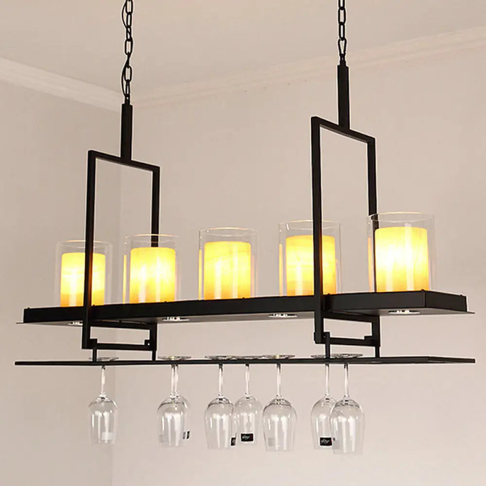 Traditional Black Marble Pendant Light With Metal Wine Glass Rack - 3/5 Heads Cylinder Island