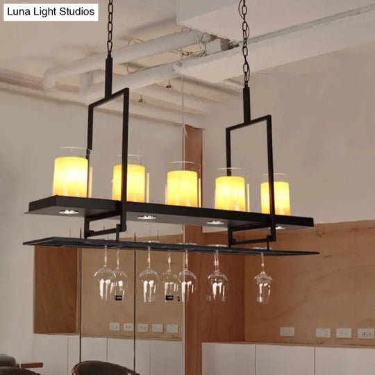 Traditional Black Marble Pendant Light With Metal Wine Glass Rack - 3/5 Heads Cylinder Island