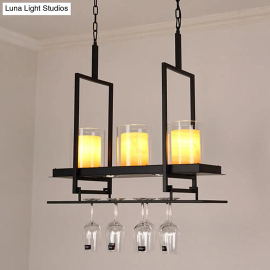 Traditional Black Marble Pendant Light With Metal Wine Glass Rack - 3/5 Heads Cylinder Island