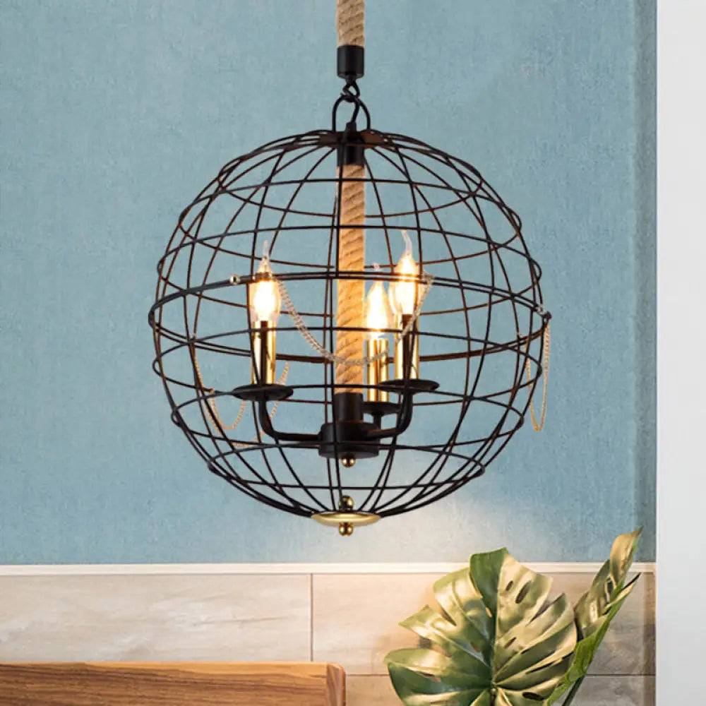 Traditional Black Metal Pendant Chandelier With Globe Cage - 3/4 Lights Ideal For Living Room 3 /