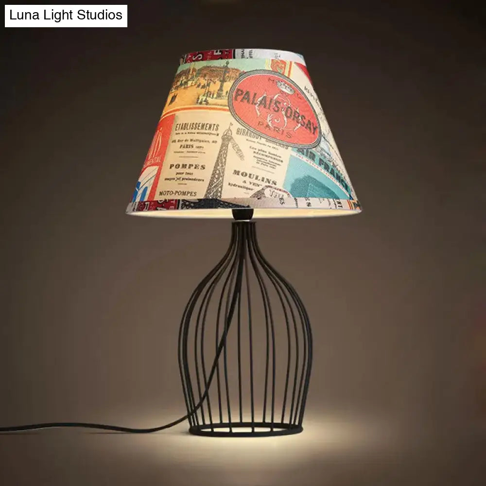 Traditional Black Nightstand Lamp With Metal Wire Cage Base