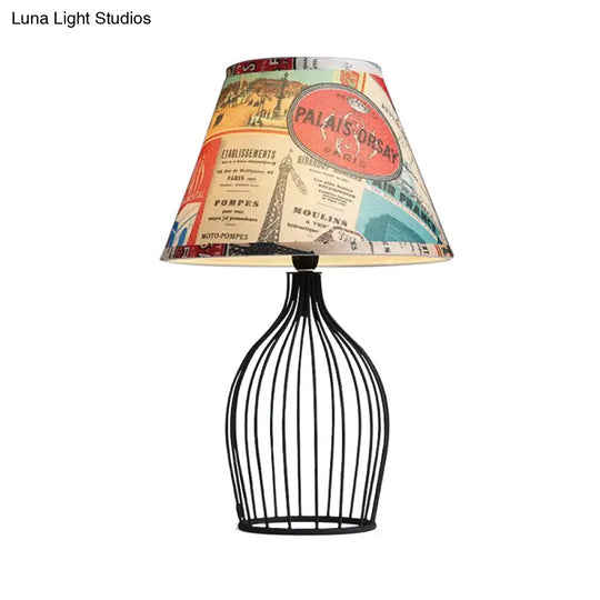 Traditional Black Nightstand Lamp With Metal Wire Cage Base