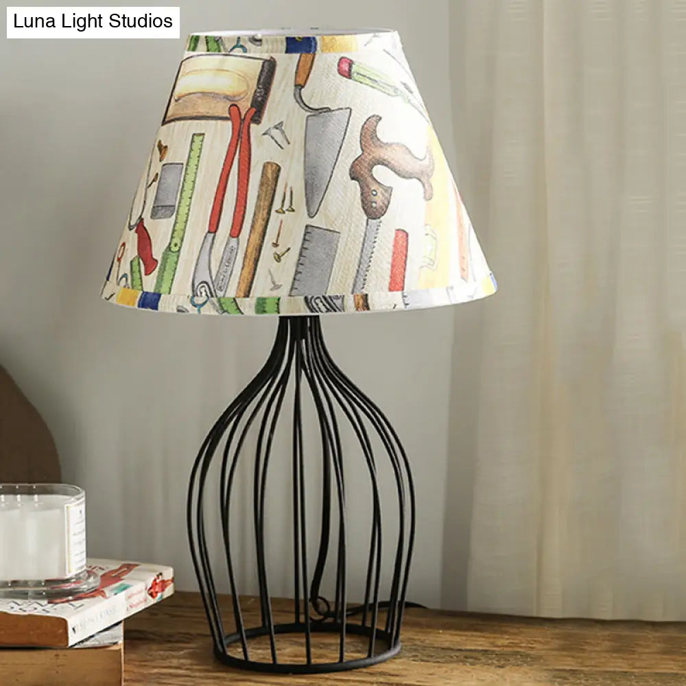 Traditional Black Nightstand Lamp With Metal Wire Cage Base