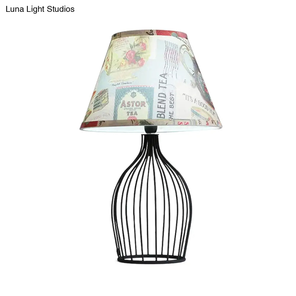 Traditional Black Nightstand Lamp With Metal Wire Cage Base