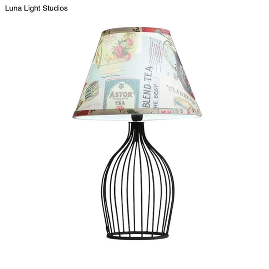 Traditional Black Nightstand Lamp With Metal Wire Cage Base