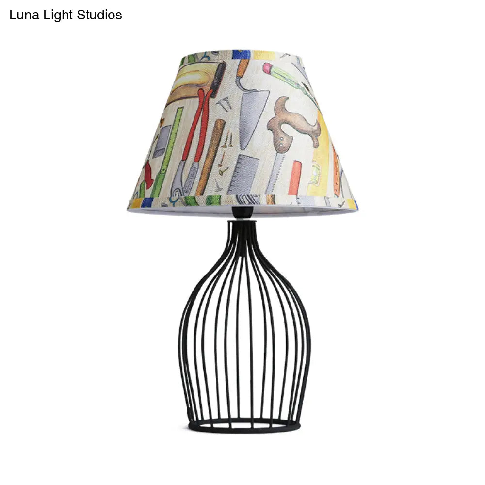 Traditional Black Nightstand Lamp With Metal Wire Cage Base