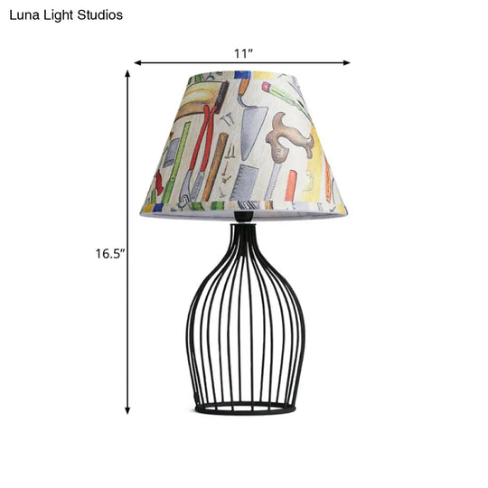 Traditional Black Nightstand Lamp With Metal Wire Cage Base