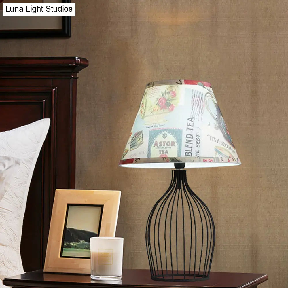 Traditional Black Nightstand Lamp With Metal Wire Cage Base