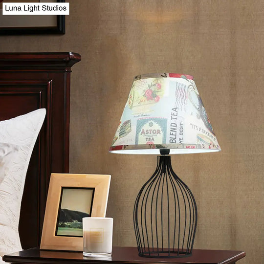 Traditional Black Nightstand Lamp With Metal Wire Cage Base