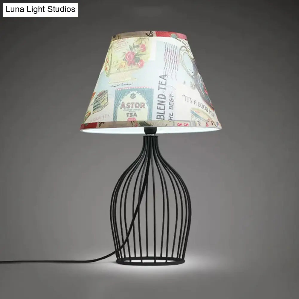 Traditional Black Nightstand Lamp With Metal Wire Cage Base