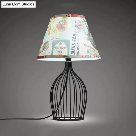 Traditional Black Nightstand Lamp With Metal Wire Cage Base