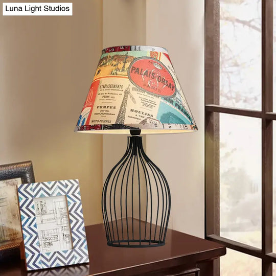 Traditional Black Nightstand Lamp With Metal Wire Cage Base