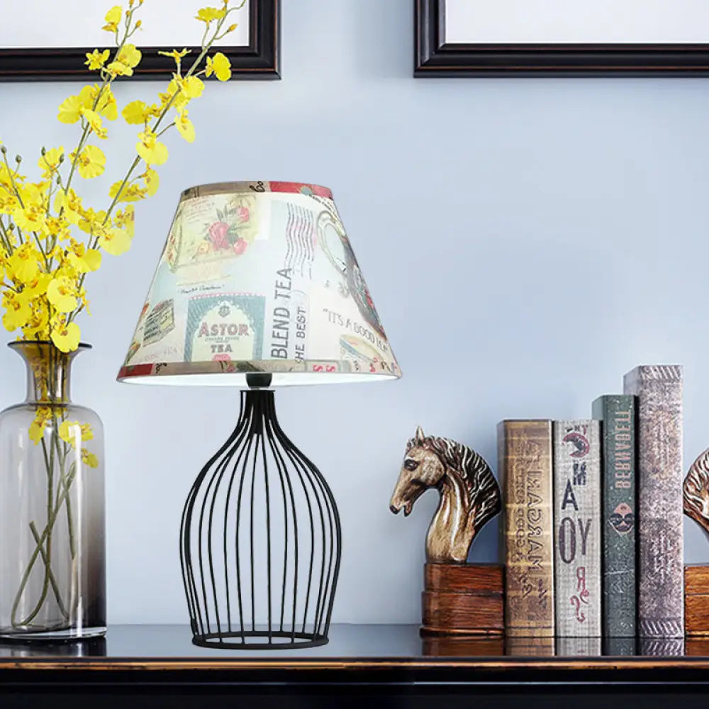 Traditional Black Nightstand Lamp With Metal Wire Cage Base / C