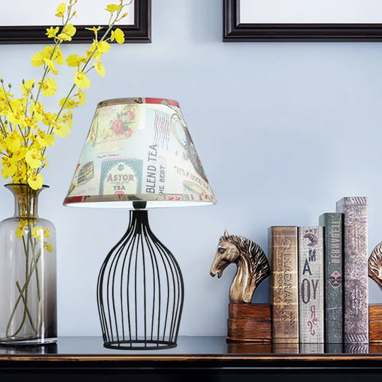 Traditional Black Nightstand Lamp With Metal Wire Cage Base / C