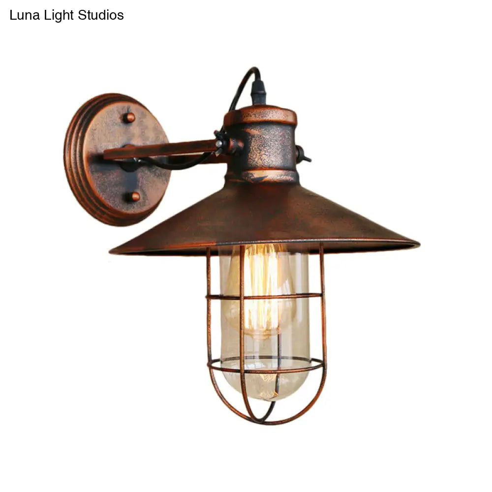 Traditional Black/Rust Caged Wall Sconce Light With Clear Glass - Ideal Coffee Shop Lighting