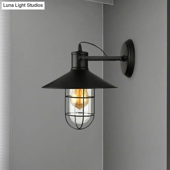 Traditional Black/Rust Caged Wall Sconce Light With Clear Glass - Ideal Coffee Shop Lighting