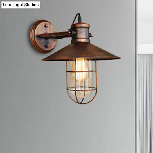 Traditional Black/Rust Caged Wall Sconce Light With Clear Glass - Ideal Coffee Shop Lighting