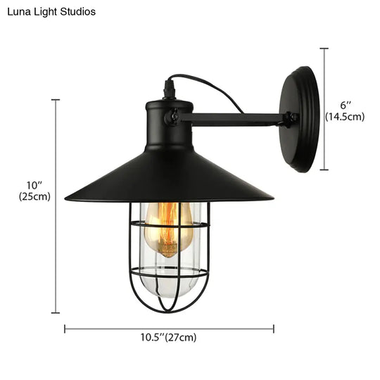 Traditional Black/Rust Caged Wall Sconce Light With Clear Glass - Ideal Coffee Shop Lighting