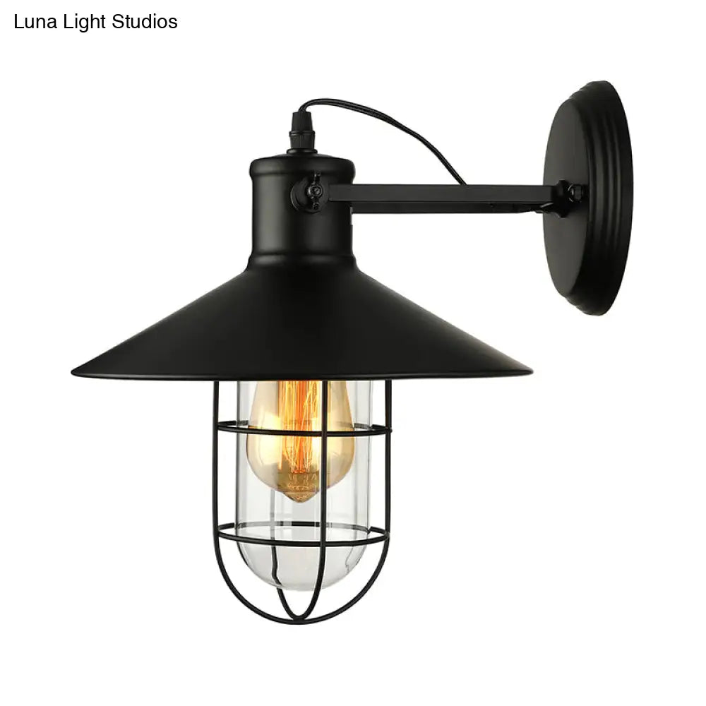 Traditional Black/Rust Caged Wall Sconce Light With Clear Glass - Ideal Coffee Shop Lighting