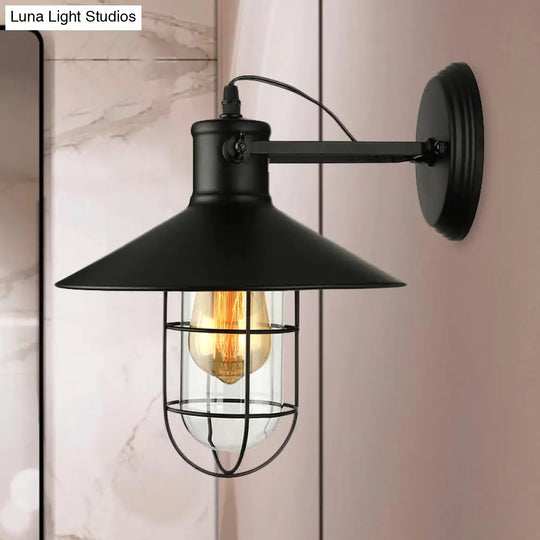 Traditional Black/Rust Caged Wall Sconce Light With Clear Glass - Ideal Coffee Shop Lighting