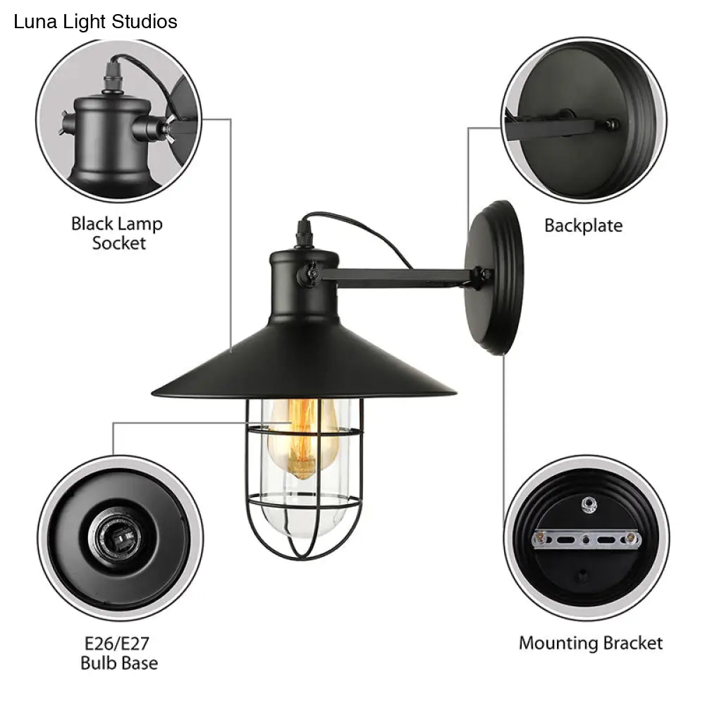 Traditional Black/Rust Caged Wall Sconce Light With Clear Glass - Ideal Coffee Shop Lighting