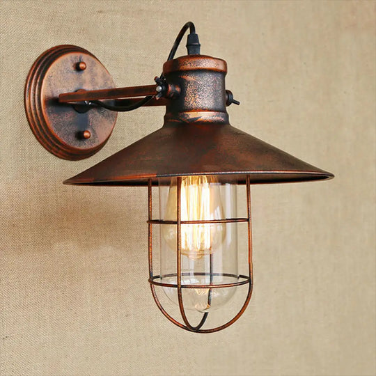 Traditional Black/Rust Caged Wall Sconce Light With Clear Glass - Ideal Coffee Shop Lighting Rust