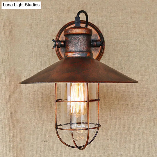 Traditional Black/Rust Caged Wall Sconce Light With Clear Glass - Ideal Coffee Shop Lighting