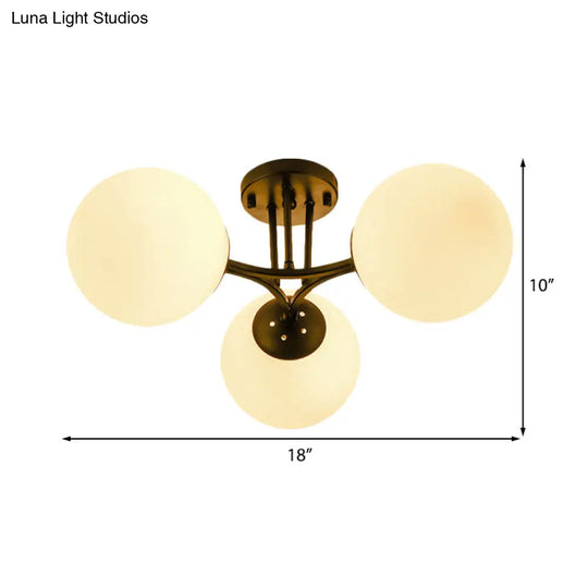 Traditional Black Semi Flush Ceiling Light Fixture With Globe White Glass Shade - 3/6 Lights For