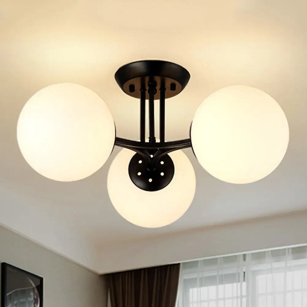 Traditional Black Semi Flush Ceiling Light Fixture With Globe White Glass Shade - 3/6 Lights For