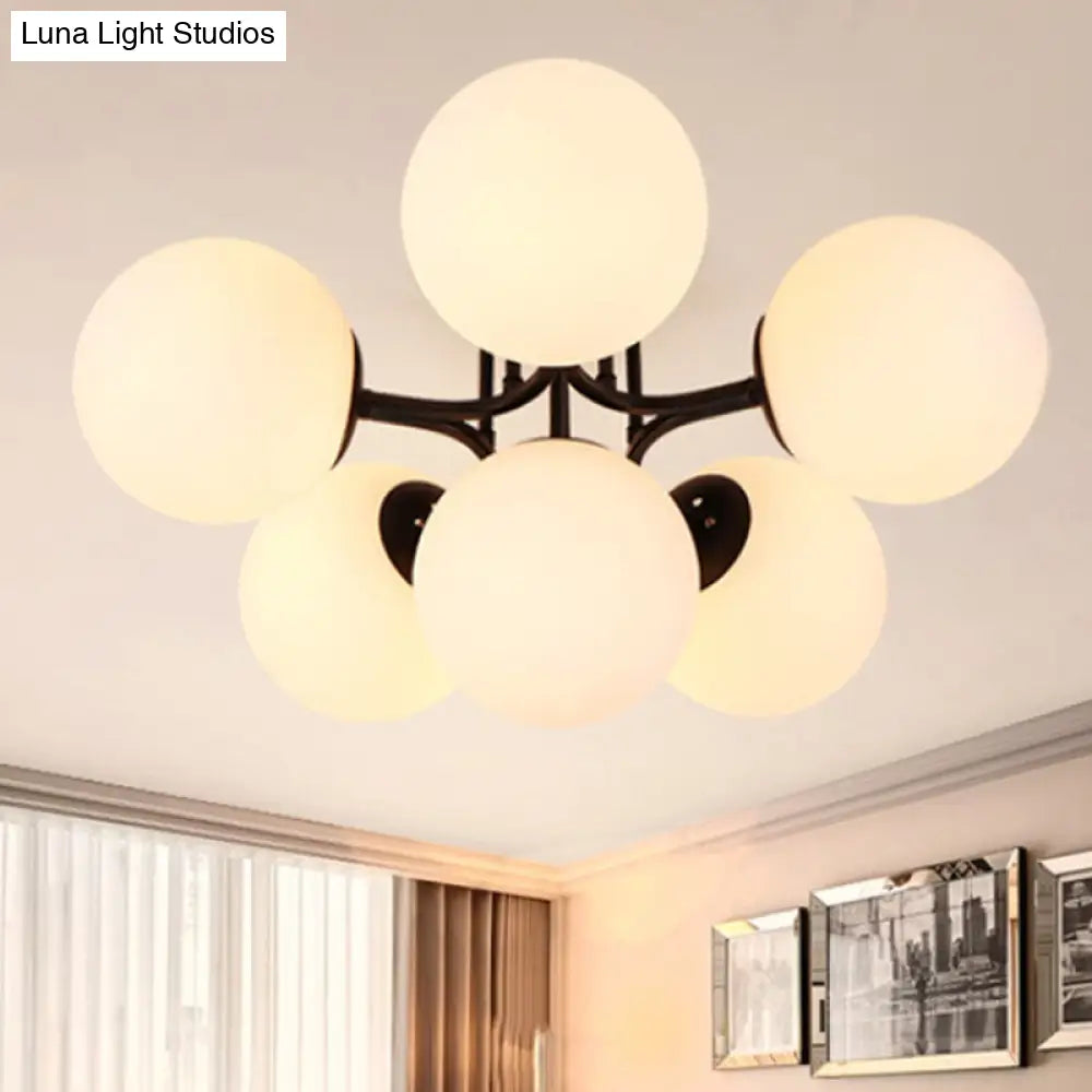 Traditional Black Semi Flush Ceiling Light Fixture With Globe White Glass Shade - 3/6 Lights For