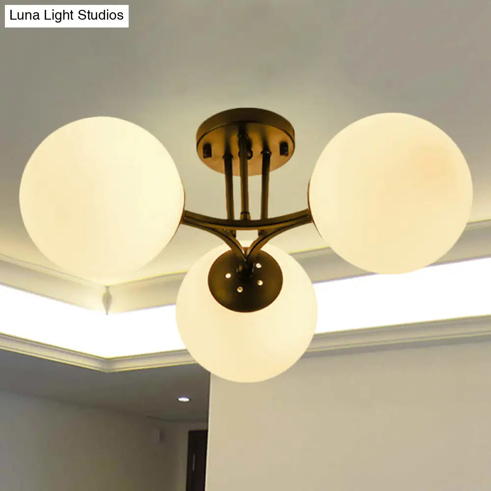 Traditional Black Semi Flush Ceiling Light Fixture With Globe White Glass Shade - 3/6 Lights For