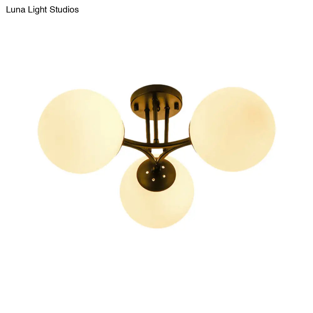 Traditional Black Semi Flush Ceiling Light Fixture With Globe White Glass Shade - 3/6 Lights For