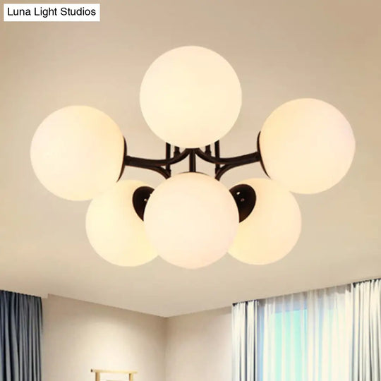 Traditional Black Semi Flush Ceiling Light Fixture With Globe White Glass Shade - 3/6 Lights For