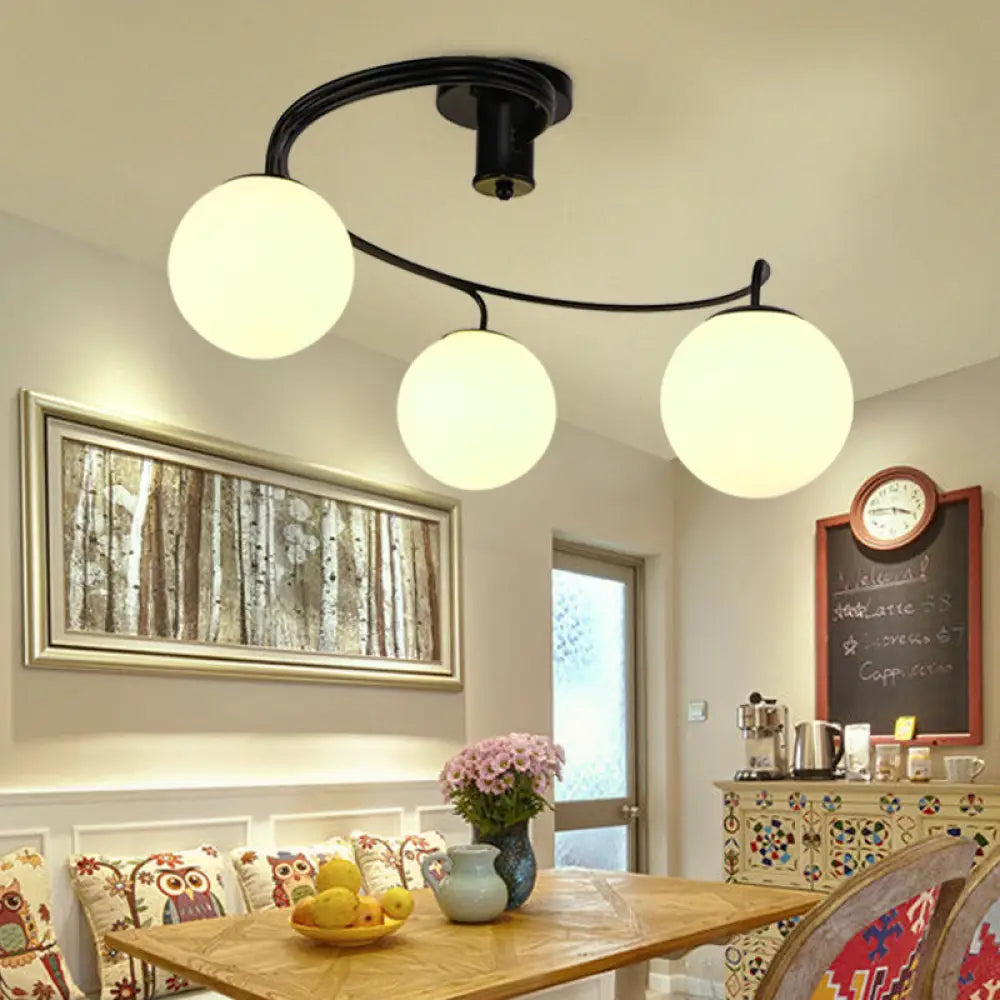 Traditional Black Semi Flush Ceiling Light With Globe White Glass Shade - 3/5 Lights For Living
