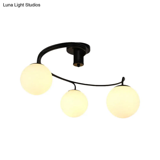 Traditional Black Semi Flush Ceiling Light Fixture With Globe White Glass Shade - 3/5 Lights For