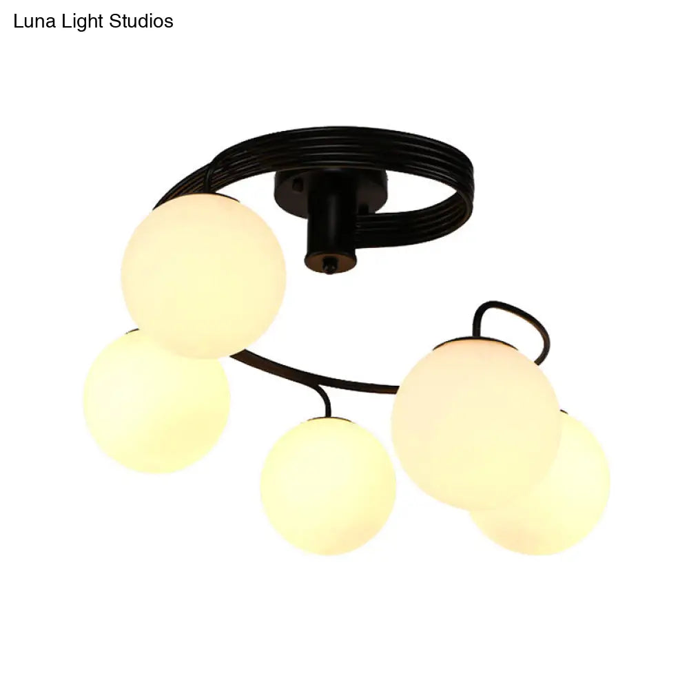 Traditional Black Semi Flush Ceiling Light Fixture With Globe White Glass Shade - 3/5 Lights For