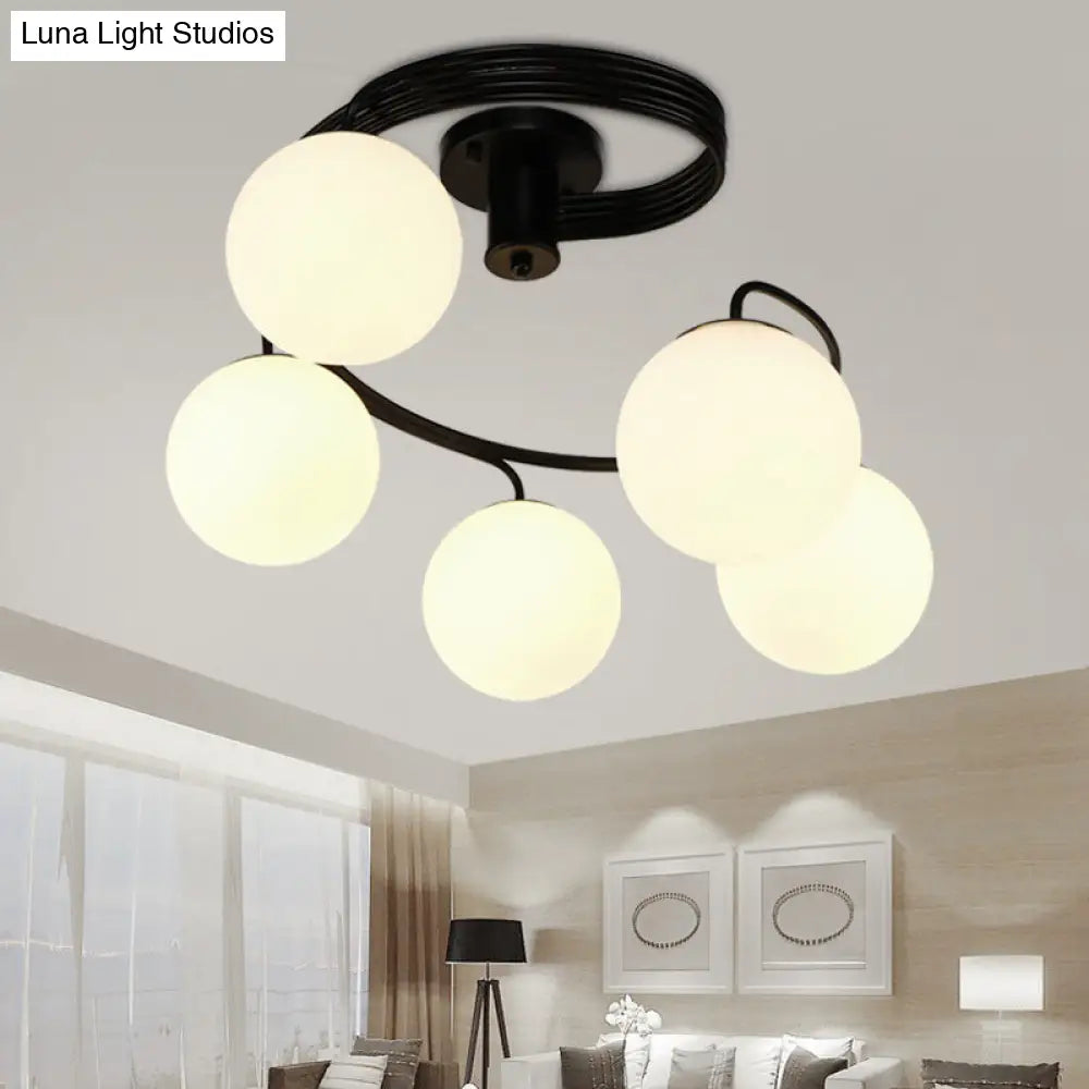 Traditional Black Semi Flush Ceiling Light Fixture With Globe White Glass Shade - 3/5 Lights For